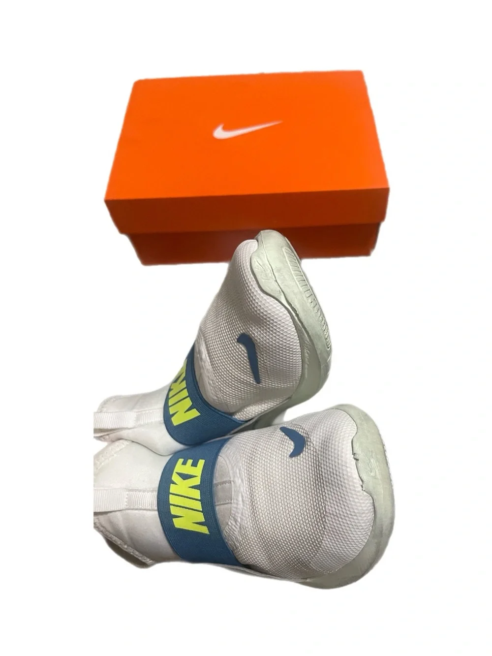 Nike Kids Slip-On Sneakers in White with Blue and Neon Yellow